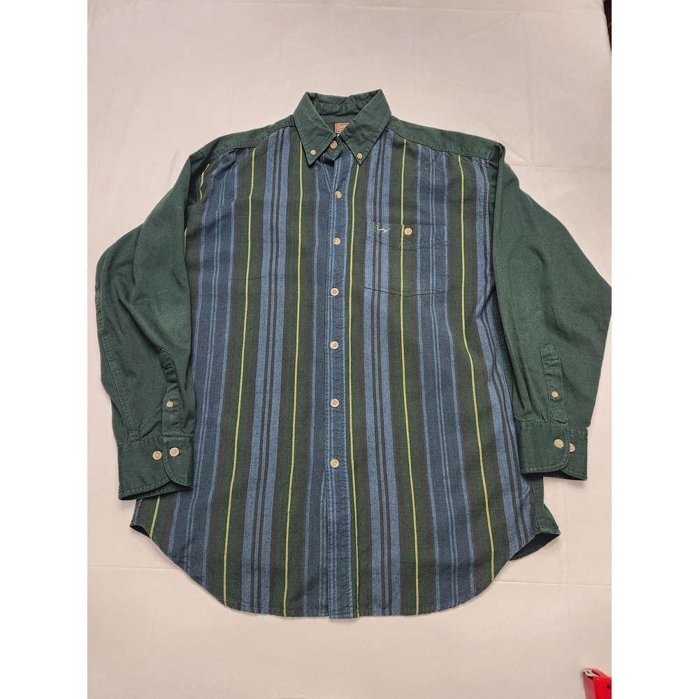 Duxbak‎ Shirt Mens Medium Green Stripe Button Down Cotton Long Sleeve Hunting